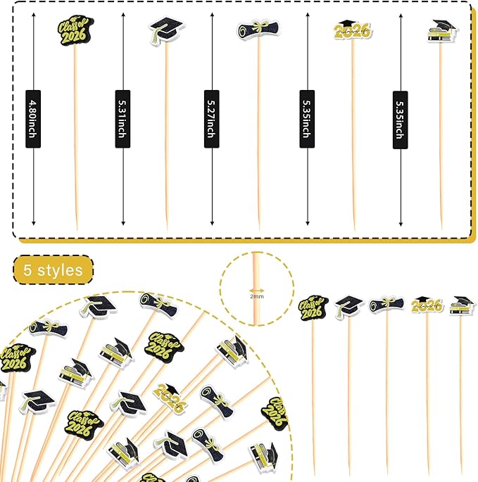 100Pcs Graduation Cocktail Picks, Class of 2026 Grad Theme Decor Toothpicks Fruit Sticks Skewers with Topper for Appetizers Charcuterie Accessories Congrats Grads Decorations Themed Party Supplies