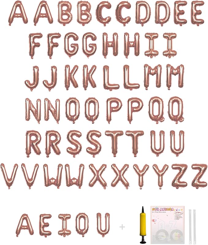 58 PCS Letter Balloons Alphabet Letters 2 Sets A- Z & 1 Sets AEIOU 16 - Inch Mylar Foil Balloons Set for Wedding/Birthdays/Annivs/Grads party Decoration Banner Custom Phrase（Rose Gold）