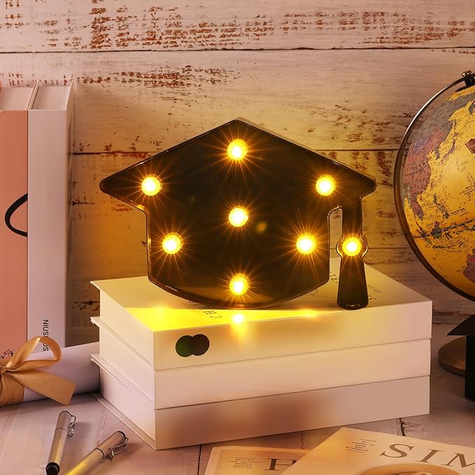 VIHOSE Grad Graduation Light up Signs Bachelor Cap Lights Table Decoration Battery Powered Grad Hat Gift for Graduation Home Bar Party Bedroom Tabletop Decoration
