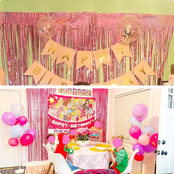 2 Pack 3.2ft x 8.3ft Foil Fringe Backdrop Metallic Tinsel Door Window Curtain Party Photo Booth Props for Birthday Bachelorette Wedding Graduation Party Decorations (Pink)