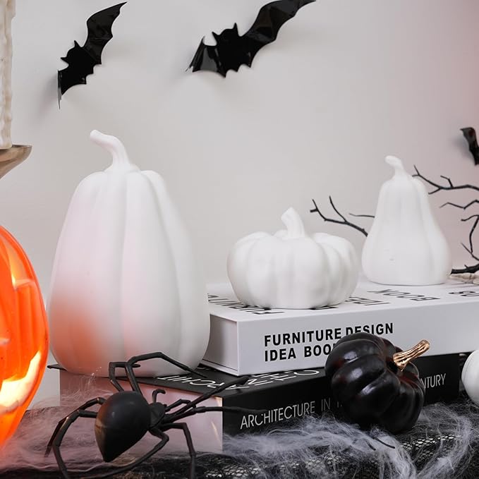 Light Up Pumpkin Halloween Decor - 3 Pack Ceramic Pumpkin Decor for Indoor, Table, Tray