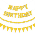 CANREVEL Pre-Strung 3D Happy Birthday Banner, 3 PCS Gold Happy Felt Garland, Pom Pom Garland, Triangle Fabric Bunting, Reusable Gold Birthday Decorations for Women Men Girls Boys