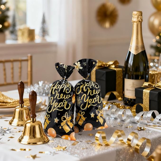 Happy New Year Cellophane Treat Bags, 100 PCS Candy Goodie Gift Bags for New Years Eve Party Favors, Black Gold Plastic Cookie Snack Bag with Twist Ties for 2026 NYE Party Holiday Decorations Supplies