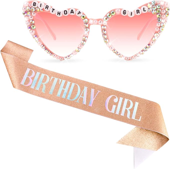 Birthday Girl Sash with Birthday Glasses for Girls and Women Glitter Birthdays Decorations for Women Happy Birth Day Party Supplies