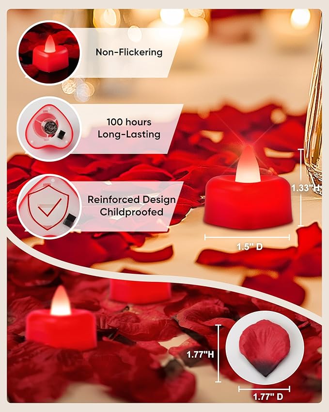 Amagic 1000 Pieces Red Artificial Rose Petals with 12 Red Heart LED Tea Lights, Rose Petals and Candles Set for Proposal, Anniversary, Romantic Night, Wedding Decor