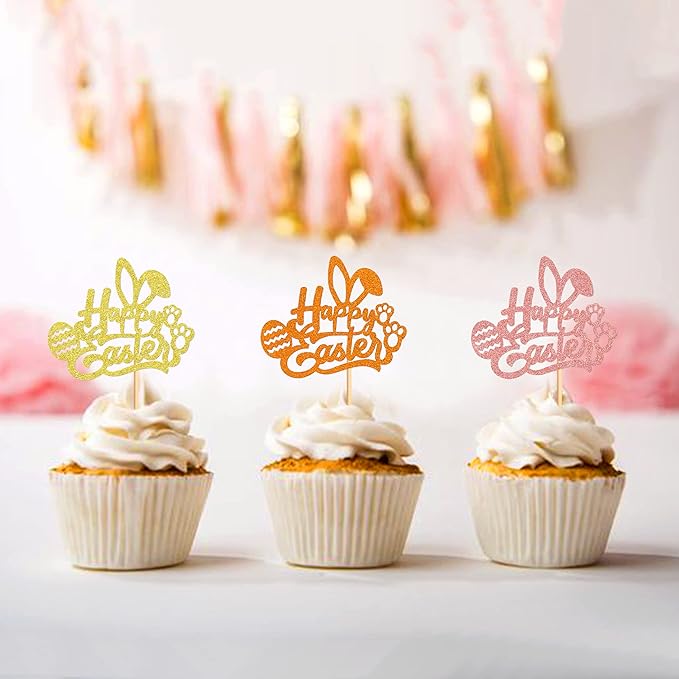 Ercadio 24Pcs Gold Pink Orange Happy Easter Cupcake Toppers Glitter Happy Easter Bunny Ears Cupcake Picks for Easter Day Baby Shower Easter Birthday Wedding Anniversary Party Decor Supplies
