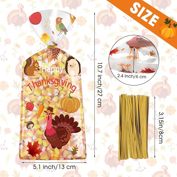 Litmitfu 100 Pcs Happy Thanksgiving Treat Bags - Plastic Fall Thanksgiving Gift Bags, Clear Autumn Goodie Candy Favor Cellophane Bag with Gold Twist Ties for Thanksgivings Party Favors Supplies
