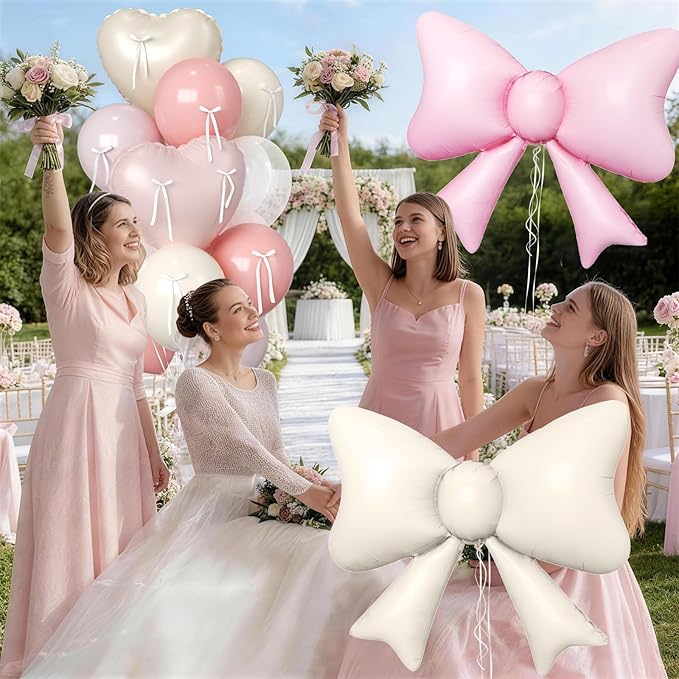 Paready Pink and Cream Heart Balloons, 38 Inch Bow Balloons, Dusty Pink Pearl White Sand White Balloon and Bow Heart Shaped Foil Balloon for Girls Birthday Bridal Baby Shower Valentines Decorations