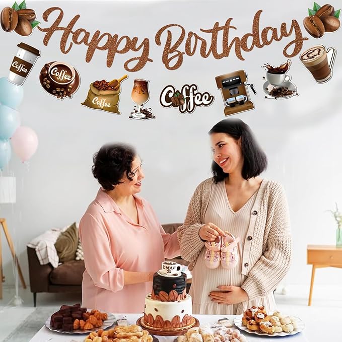 Zwiebeco Brown Coffee Happy Birthday Party Decoration Banner Bunting Garland Hanging Paper for Boys Girls Men Women Adults Cafe Coffee-Themed Birthday Decor Accessories Supplies