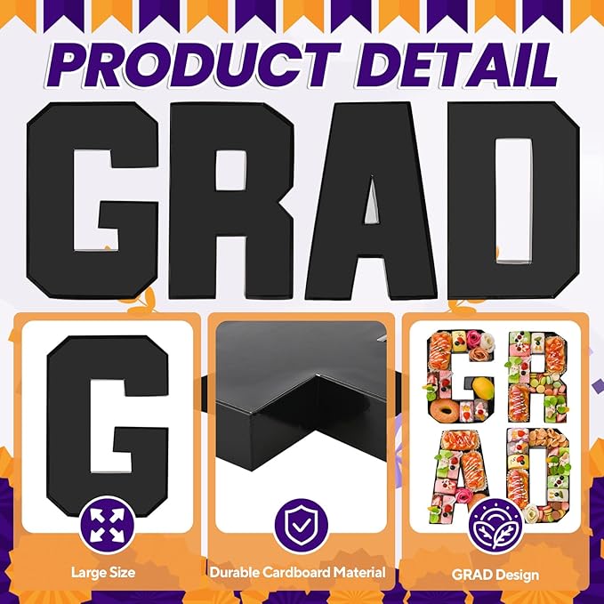 GRAD Set Cardboard Letter for Charcuterie 10.2'' Black Grad Fillable Tray Charcuterie Paper Box for Graduation Party Decorations Chocolate Candy Cupcake Container