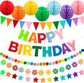 Pre-Strung 3D Happy Birthday Banner, 6 PCS Felt Reusable Birthday Decorations Set with Letter Banner, Pom Pom, Star, Sunflower Garland, Triangle Flag and Honeycomb Balls, Rainbow Decor Sign Photo Prop