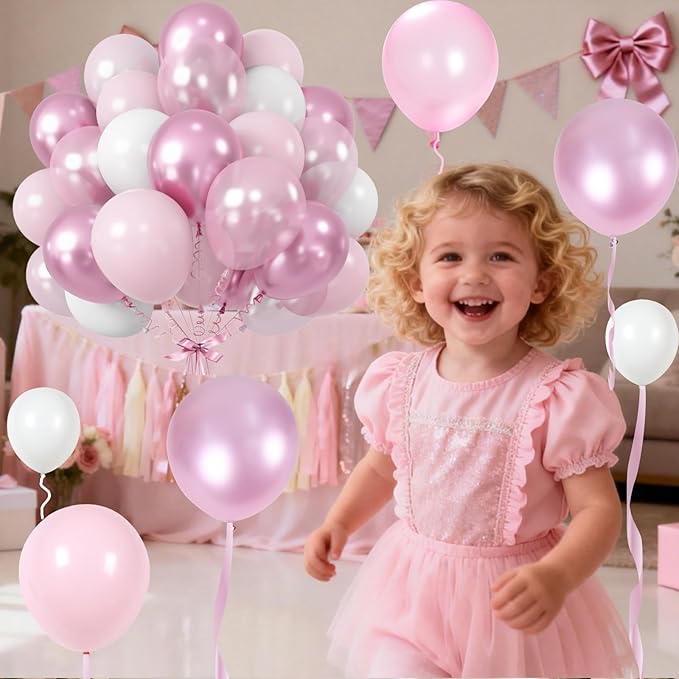 Pink Balloons Set, 12 Inch Metallic Light Baby Pink and White Balloon, Pearlpink Ivory Latex Balloons for Girls Women Birthday Baby Shower Wedding Valentine Bachelorette Easter Christmas Party Decor