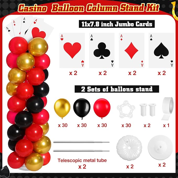 2 Sets Casino Theme Party Decoration Adjustable Poker Themed Balloon Column Stand Kit 8 Pcs Jumbo Poker Cards 129 Pcs Balloon Set for Las Vegas Game Night Birthday Party Supplies(Red Black and Gold)