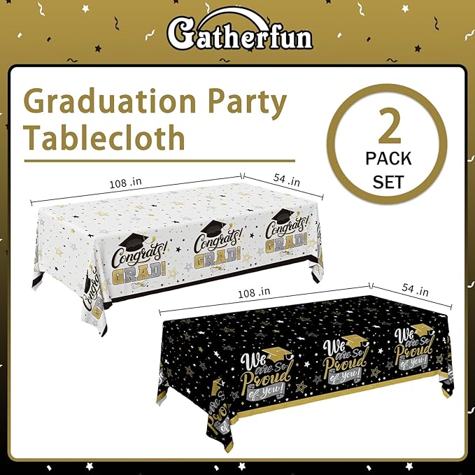 Gatherfun Graduation Decorations 2026-2 Pcs Black and Gold Gongrats Grad Tablecover for Graduation Party Decorations，Grad Plastic Table Covers 54"x108"