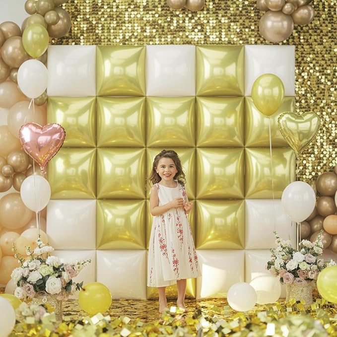 White Gold Square Foil Balloons, 25PCS Double Sided Cream Metallic Gold Square Balloons Backdrop Wall Beige Gold Elegant Balloon Background Decorations for Boho Birthday Wedding Engagement Baby Shower