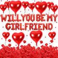 2 set 16 inch Will You be My Girlfriend Balloons and Heart Balloons with 1000 Pieces Rose Petals, Red Letter Balloon for Her Valentines Day Decorations Wedding Anniversary Engagement