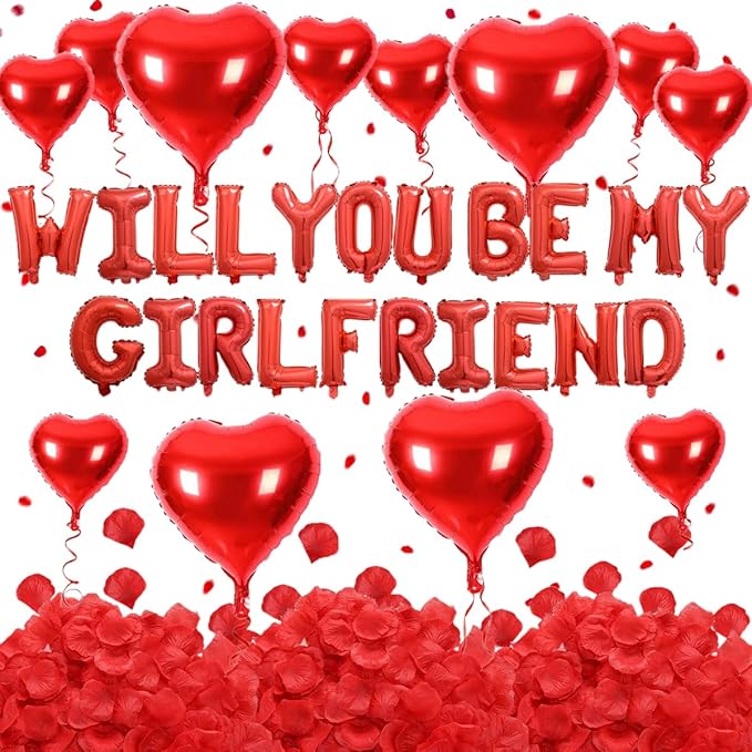 2 set 16 inch Will You be My Girlfriend Balloons and Heart Balloons with 1000 Pieces Rose Petals, Red Letter Balloon for Her Valentines Day Decorations Wedding Anniversary Engagement