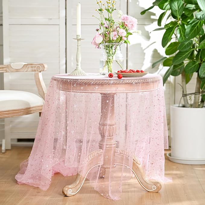 Horaldaily Pink Gold Sparkling Star Gauze Tablecloth 60x104 Inch Rectangular, Pink Star Sequin Glitter Metallic Foil, Sheer Tulle Cheesecloth for Wedding Baby Shower Party