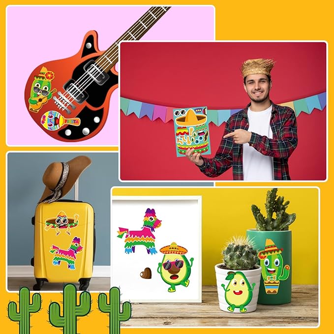 24 Sheets Make Your Own Mexican Carnival Stickers, Mexican Food Sticker, Cinco De Mayo Sticker, Avocado Cactus Guitar Stickers, Carnival Themed Party Supplies