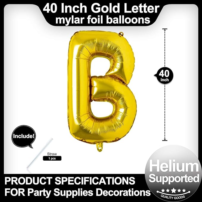 40 Inch Gold Letter B Balloons, DIY Phrase Foil Alphabet Letter B Balloons DIY Word B Banner for Birthday Anniversary Celebration Graduation Party Supplies Decoration