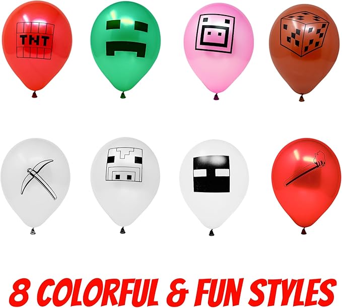 Mining Fun Banner and 48 Pcs Balloons - 10" Printed Latex Balloons, Mining Themed Party Supplies, Mining Party Decorations, Happy Birthday Banner, Pixel Miner Party and Video Game Party Decorations