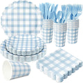 175 PCS Blue Gingham Party Supplies Includes Light Blue Gingham Paper Plates, Cups, Napkins, Cutlery for Wedding Bridal Shower Birthday Baby Shower Party Decorations, Serves 25