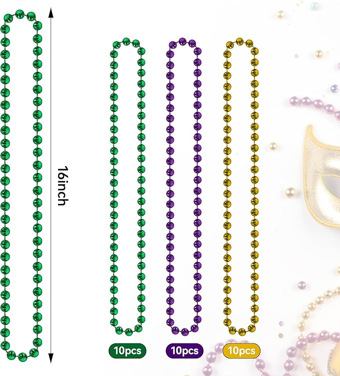 HOOSUN 30 Pack Mardi Gras Beads Necklaces Bulk,Mardi Gras Decorations Accessories Party Favors,Gold Green and Purple Carnival Decor St Patricks Day Necklace Party Supplies for Party,School Event,Home
