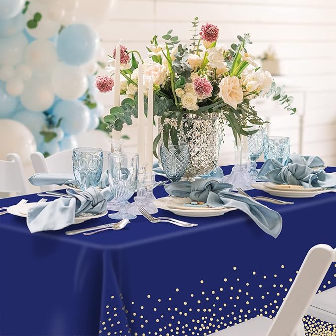 4 Pcs Navy Blue Plastic Tablecloth Gold Dot Blue Table Cloths, 54×108 inches Disposable Gold Dot Confetti Dark Blue Table Cover for Anniversary Friendsgiving Fine Dining Graduation Party Decoration…