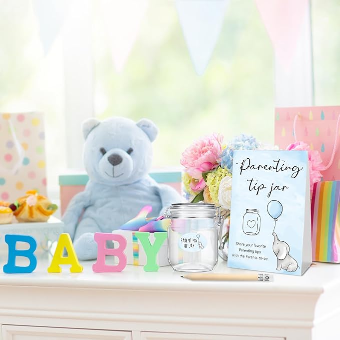 Roowest Baby Shower to Baby Advice Cards for New Parents to Be - Tip Jar Sign for New Parents 60 Parenting Advice Cards 10 HB Pencils 2 Cute Stickers 1 Pet Bottle for Guests Games(Blue Elephant)