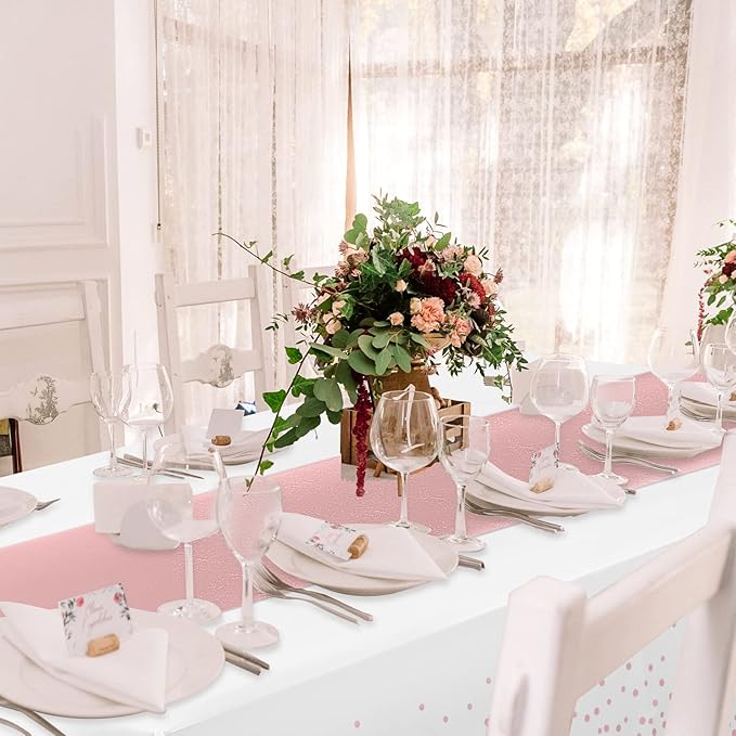 Disposable Plastic Tablecloth (White and Rose Gold Dot) And Satin Table Runner (Rose Gold) Set for Wedding Birthday Baby Shower Anniversary Christmas New Year Party, 16 Pack