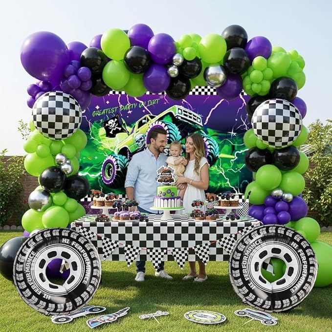 Monster Truck Theme Birthday Decorations include Purple Green Black Balloons Ribbon Arch Cake Paper Card Toppers Tablecloth Backdrop Truck Birthday Decor for Boys Racing Party Decoration Supplies