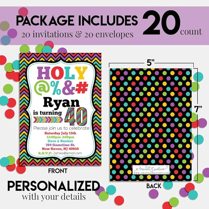 Custom Birthday Invitations 40th Birthday Invitation 20 5x7 Custom 40 Party Invitation Cards With Envelopes - Unique 40th Party Invitations Hilarious Holy &*$% Theme