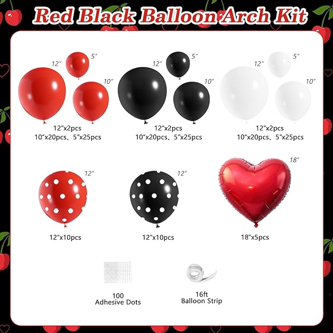 JOGAMS 172Pcs Betty Party Decorations,Red and Black Party Decorations with Red Heart Foil Polka Dot Green 260 Long Balloons for Bachelorette Birthday Baby Shower Vintage Retro Party