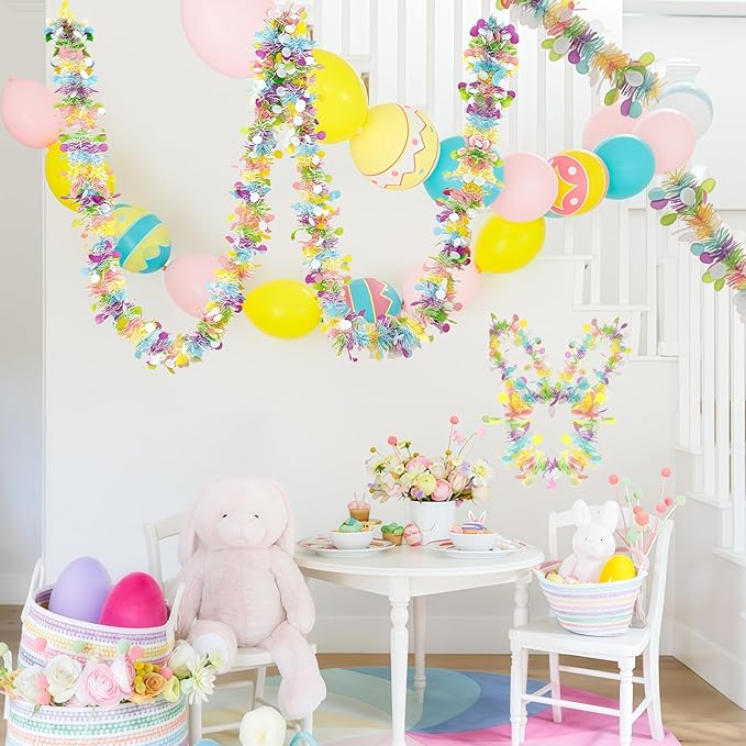 50 Ft Easter Garland Decor,Metallic Tinsel Hanging Garland with Colorful Eggs Decorations for Home Tree Mantle Bedroom Office Classroom Party Holiday Indoor Outdoor