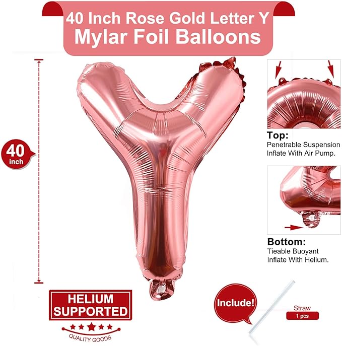 Lovoir 40 Inch Large Rose Gold Letter Y Balloons Big Size Jumbo Mylar Foil Helium Balloon for Birthday Party Celebration Decorations Alphabet Rose Gold Y