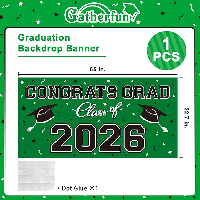 2026 Graduation Party Plastic Backdrop - 65" x 32.7" Congrats Grad Banner in Green, Large Class of 2026 Decorations, Photography & Grad Party Supplies