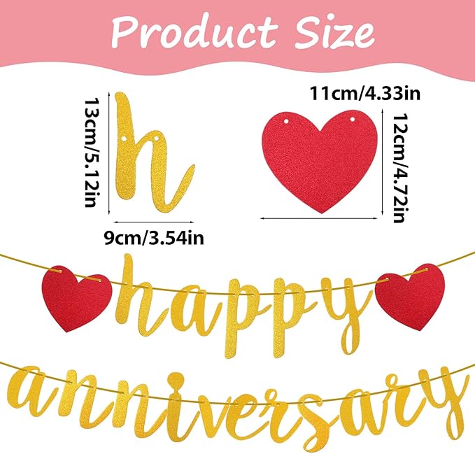 Happy Anniversary Banner, Glitter Wedding Anniversary Romantic Decorations No DIY Banners for Baby Shower Couples Birthday Party New Year(Gold)