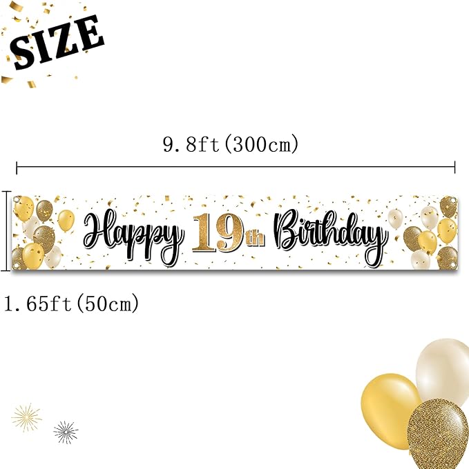 Happy 19th Birthday Decorations,19th Gold Balloon Large Birthday Hanging Banner Sign,Cheers to Nineteen Years Old Bday Party Supplies.