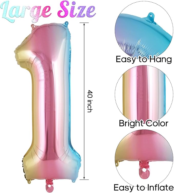Rainbow Gradient Number 1 Balloon, 40 Inch Big Large Foil Number Balloons, Jumbo Giant Mylar Number 1 Balloons for 1 first Birthday Party Decorations Supplies Anniversary Celebration