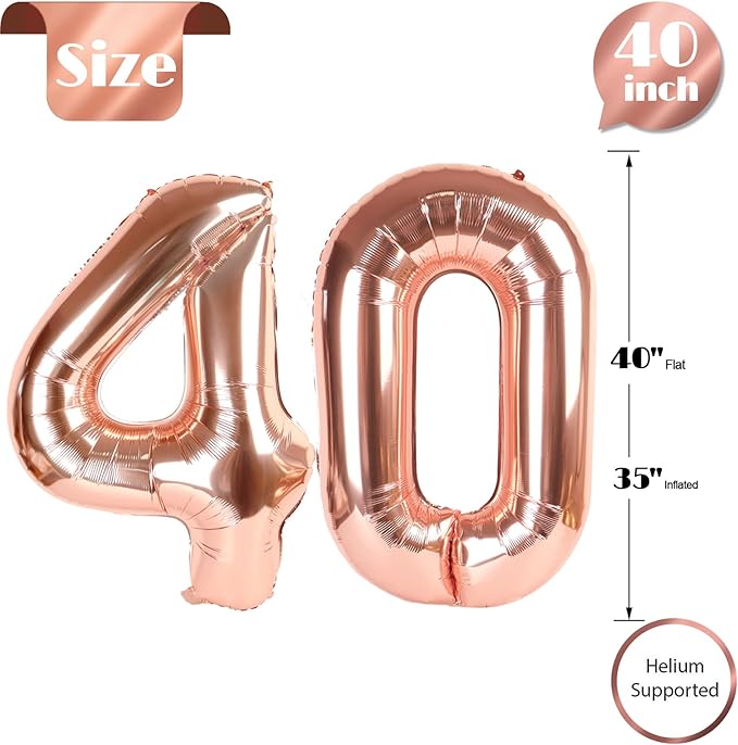 40 Balloon Number, Rose Gold Number 40th Birthday Balloons 40 Inch, 40 Years Old Rose Gold Birthday Decorations for Men Women, 40th Anniversary Decorations