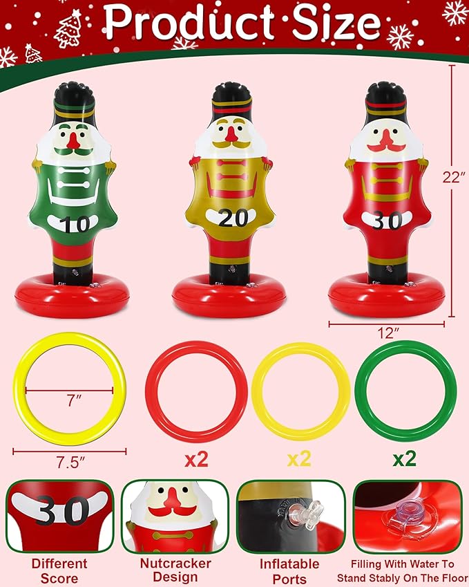 9 Pcs Christmas Ring Toss Games for Family Party Inflatable Nutcracker Ring Toss Christmas Party Decorations Xmas Activities Favor Gifts for Kids Stocking Stuffers Carnival Holiday