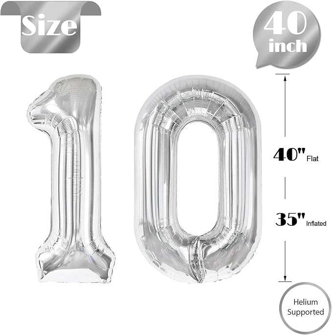 10 Balloon Number, Silver Number 10th Birthday Balloons 40 Inch, 10 Years Old Silver Birthday Decorations for Boys Girls, 10th Anniversary Decorations