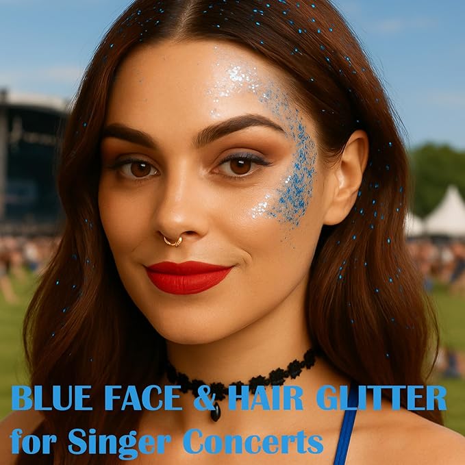 Blue Hair Glitter Stick,Rave Carnival Accessories Chunky Sequins Face Glitter,Singer Concert Body Glitter for Women, Waterproof Halloween Glitter Makeup Paint for Parties,Festival