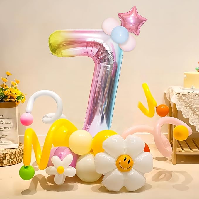 40 Inch Giant Rainbow Number 7 Balloons, Birthday Balloons, Helium Mylar Foil Big Number Balloons for Birthday Party Decorations, Kids' Birthday Anniversary Party Baby Shower Unicorn Parties