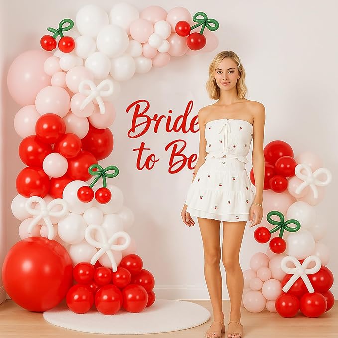 CROSSFINGERS Cherry Red Balloon Garland Arch Kit, Bow Pastel Pink and White Birthday Balloons Garland for Cherry Themed Birthday Baby Shower Wedding Galentine's Bridal Shower Party Decorations