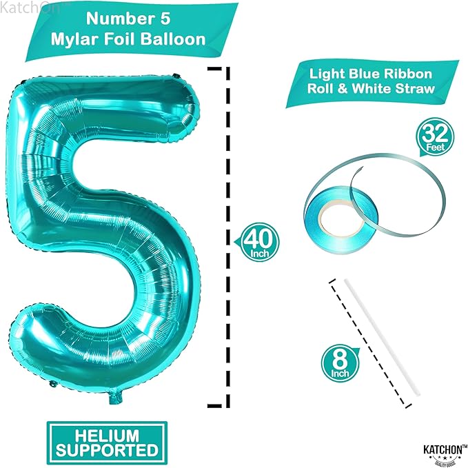 KatchOn Giant Aqua Blue Number 5 Balloon - 40 Inch | Teal 5 Balloon for Birthdays | 5th Birthday Decorations