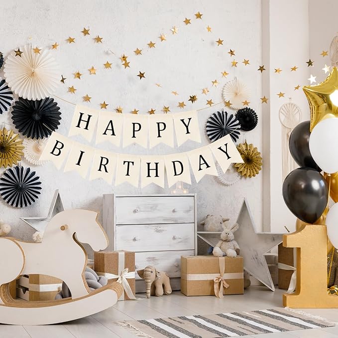 Domeny Happy Birthday Burlap Banner Boho Birthday Bunting Banner Black Bohemian Birthdays Bunting Garland Rustic White Birthday Party Hanging Garland for Women Men Birthday Kid Photo Backdrop
