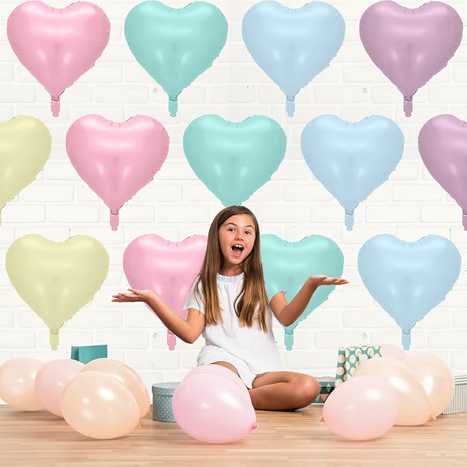 Pastel Heart Balloons, 10 Pcs Macaron Heart Shape Balloon, 18 Inch Pastel Pink Purple Teal Blue Yellow Foil Valentines Balloons for Kids Candy Birthday Wedding Baby Shower Easter Party Decorations