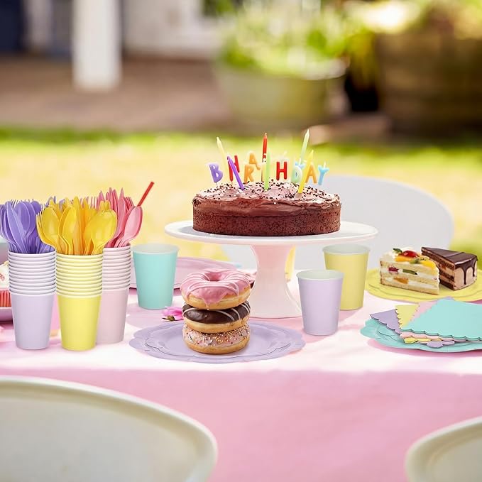 Qinyoung 388 Pcs Pastel Plates and Napkins Party Supplies Tableware Include Disposable Scalloped Plate Paper Napkin Cup Plastic Cutlery for Baby Shower Party Wedding Birthday, 48 Sets