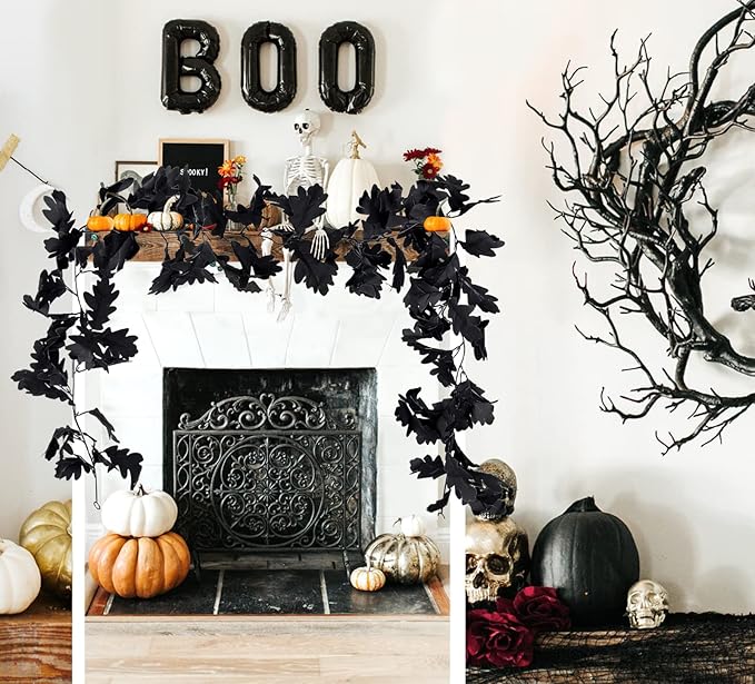 Halloween Garland Decor Indoor Table Decorations Fall Wall Hanging Artificial Black Maple Leaf Vine Decorations for Home (2 Pcs Black Garland, Set)